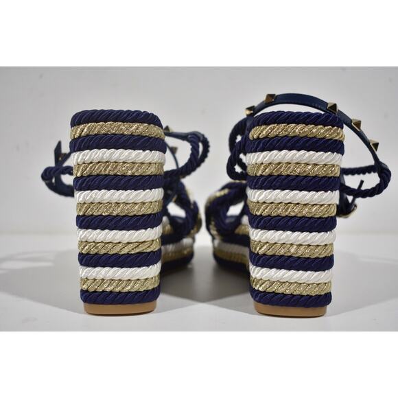 Valentino Rockstud Torchon Blue Stripe Cord Rope Wedge Ankle Strap Sandal 42 - Picture 11 of 12